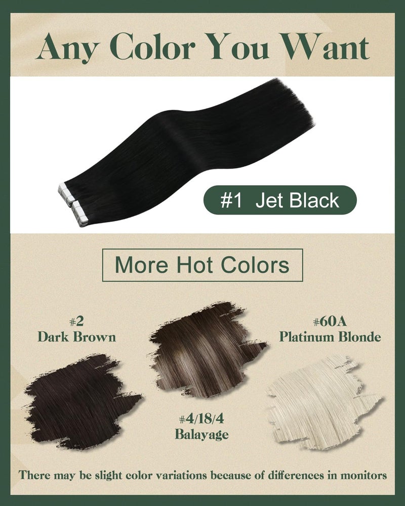Ugeat Tape in Extensions Human Hair Jet Black Tape in Hair Extensions Human Hair Black Glue in Hair Extension for Women Add Length 22 Inch 20Pcs 50G - Image 5